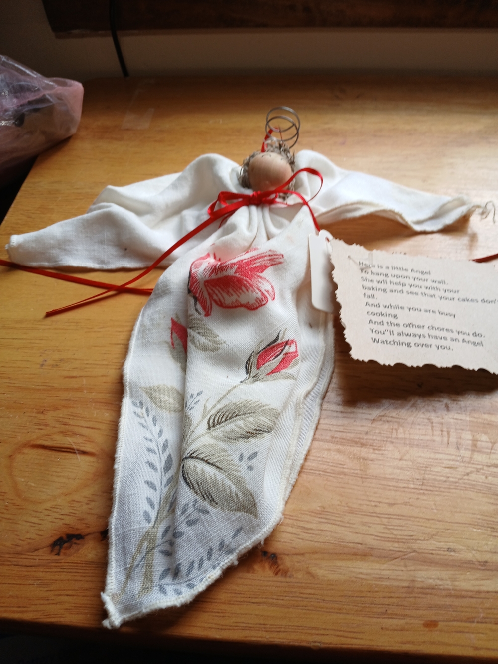 Handmade White Floral Fabric Angel with Red Accents